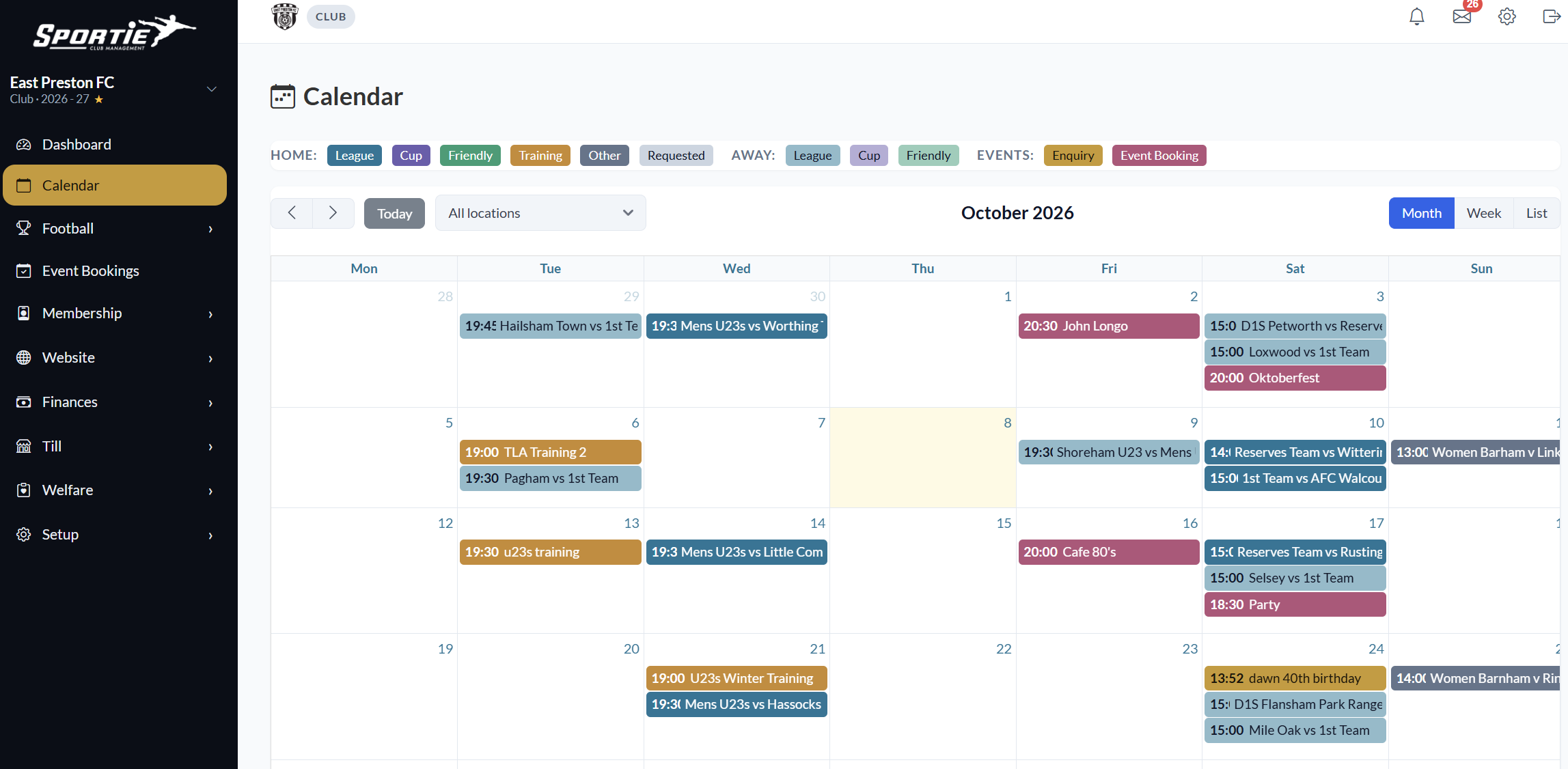 Club calendar month view with colour-coded fixtures, training sessions, and events