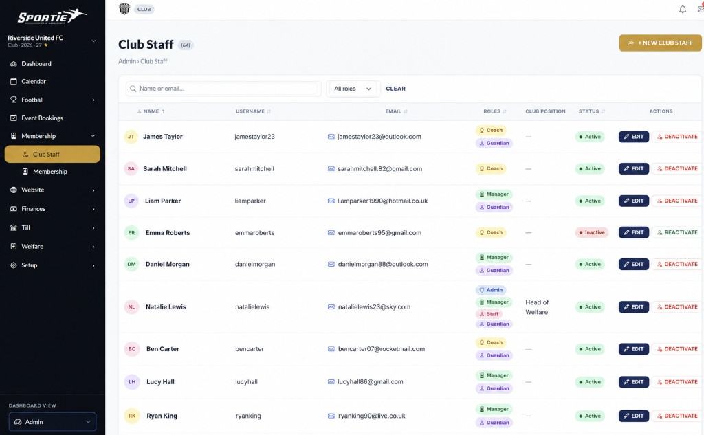 Club Staff list showing people with coach, manager, admin, staff, guardian, and Head of Welfare roles