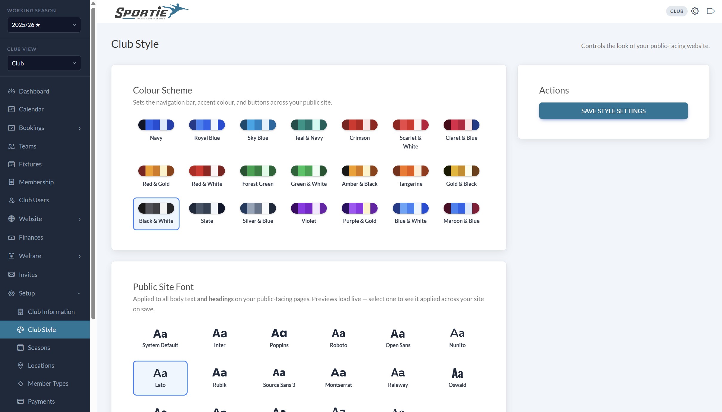 Club style settings for the public website colour scheme and fonts