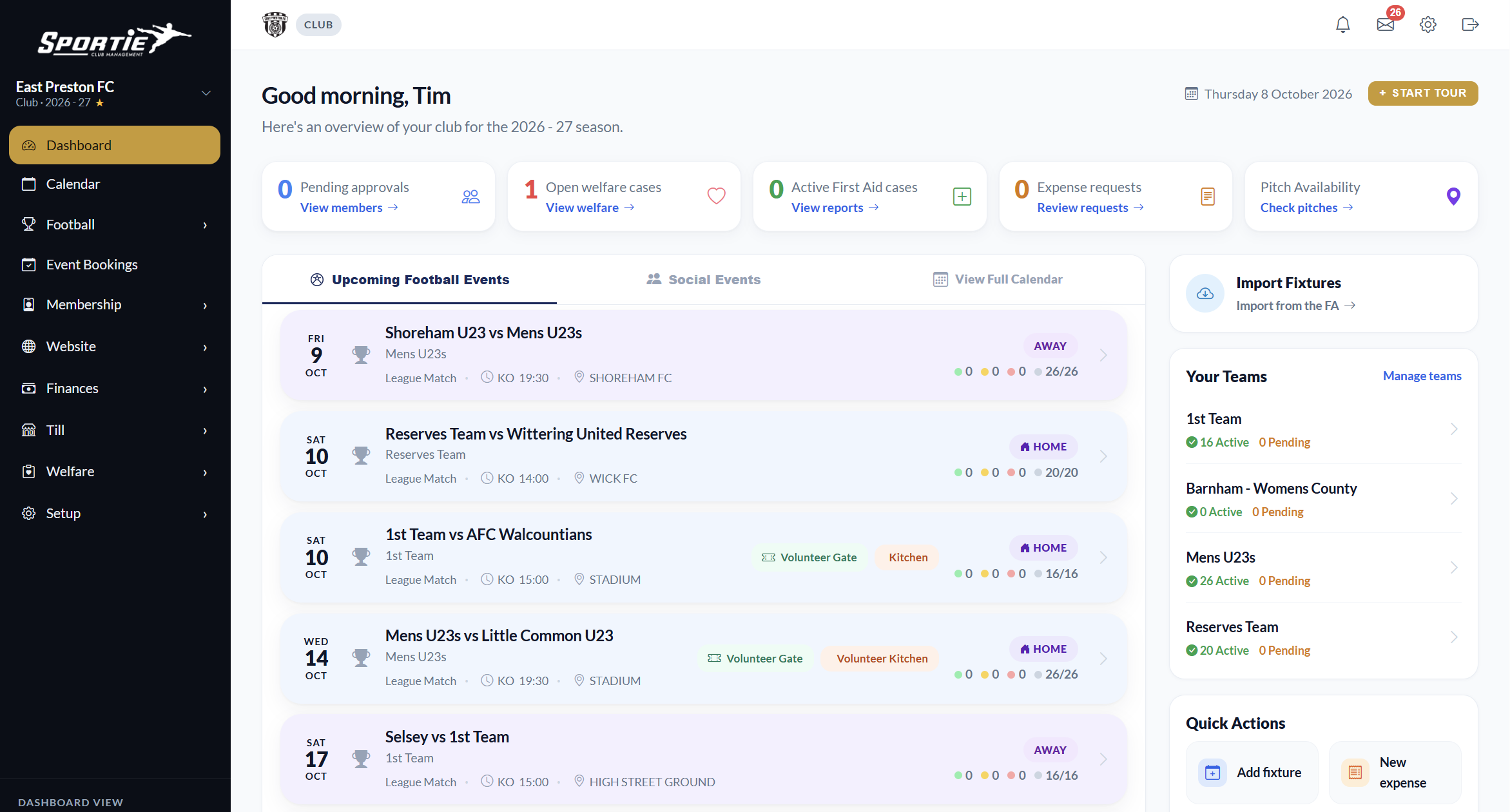 Club dashboard with pending membership approvals, upcoming matches, and team lists