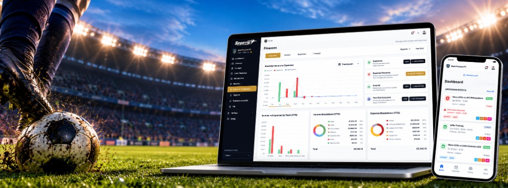 Football on the pitch in a stadium, with Sportie finances on a laptop and the member dashboard on a phone