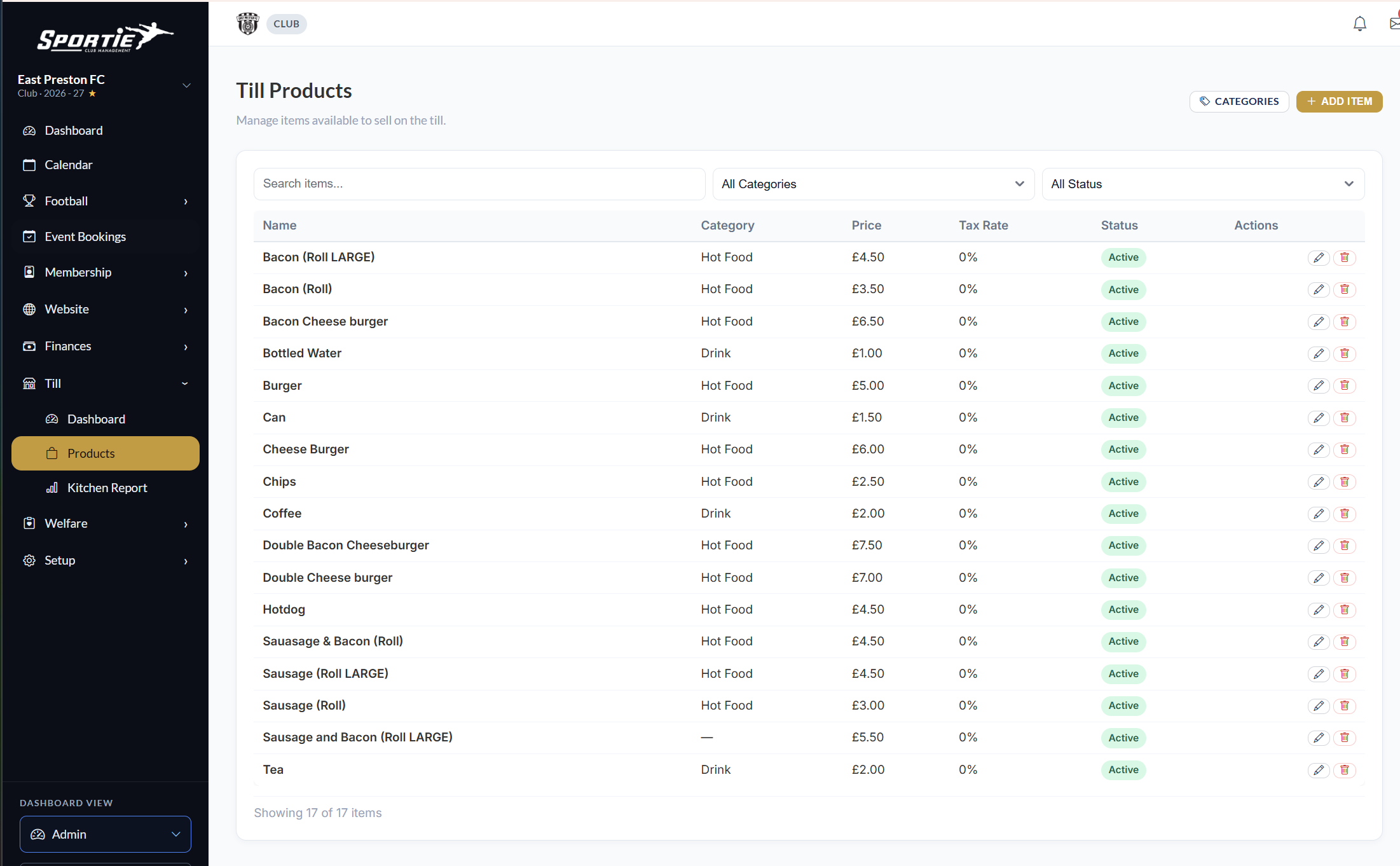 Kitchen till products catalogue listing items, categories, prices, and status